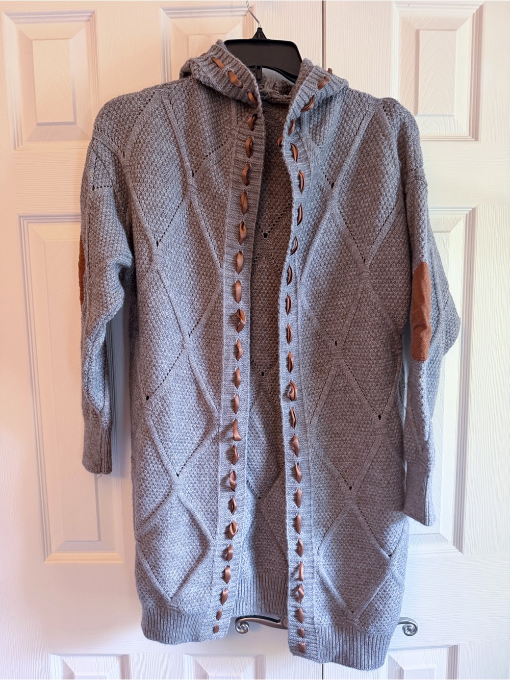 Gray Hooded Knit Cardigan Sweater with Brown Elbow Patches